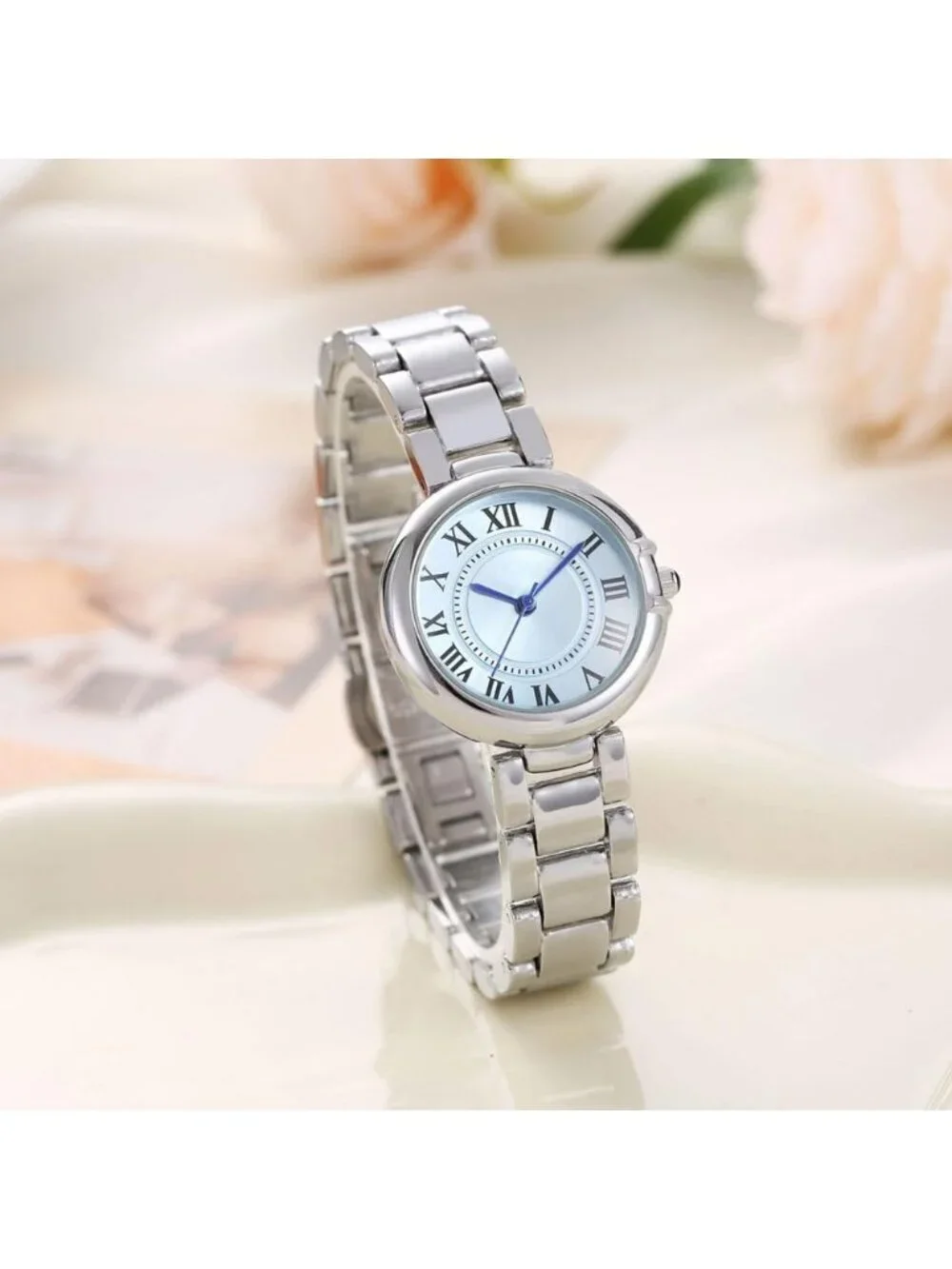 Women's Silver-Blue Classic Vintage Roman Numerals Dial Stainless Steel Watch